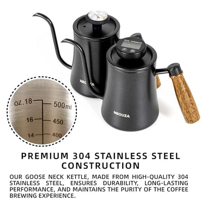 NEOUZA 500ml Gooseneck Kettle with Mechanical Dial Thermometer, 304 Stainless Steel Stovetop Safe Kettle for Pour Over Coffee and Tea, Precision Spout & Wooden Handle - color: Mechanical Thermometer