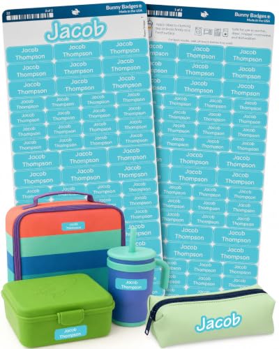 Bunny Badges Personalized Daycare Name Labels for Kids (120 Labels) Custom Label for Clothing Tag - Waterproof Name Stickers for Clothing Tags, Bottles, Backpacks and School Supplies (Light Blue) - color: Light Blue