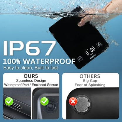 Waterproof Kitchen Food Scale, 1g/22lb, IP67, Rechargeable, Black | Premium Tempered Glass, Clear LED Display, with 6 Units, Tare, Ideal for Baking, Cooking, Making Sourdough Bread