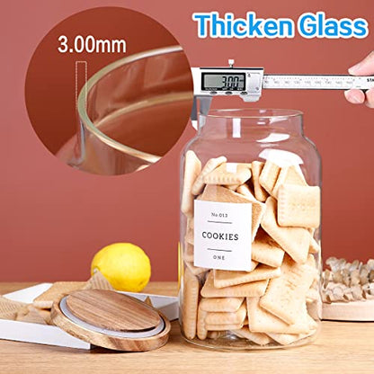 1 Gallon Large Glass Cookie jar with Airtight Acacia lids - Thicken Big Food Storage Containers with 42 Kitchen Waterproof Pantry Labels Preprinted - Clear Glass Canister for Flour, Rice, Coffee