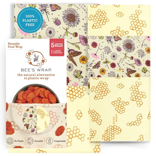 Bee's Wrap Beeswax Wraps for Food - Pack of 5 Assorted Wraps - 3 Medium & 2 Large Food Storage Bags - Meadow Magic & Honeycomb - Plastic Free Made in USA Reusable Kitchen Storage Bags - style: 5 Pack (Meadow Magic & Honeycomb)