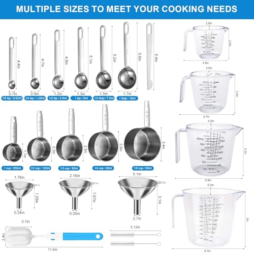 Measuring Cups and Spoons Set 22 Piece, 11 Stainless Steel Nesting Measuring Spoons and Cups with 4 Plastic Measuring Cup, 3 Funnel, 3 Brush, 1 Ruler, Measuring Cup Set for Kitchen Baking Liquid Dry - color: 22 Piece