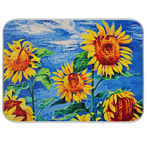 Absorbent Dish Drying Mat for Kitchen Counter - Blue Background Sunflower Microfiber Drying Pad, Reversible Drainer Mats for Countertop, Medium 16 x 18 inch - color: 13 Yellow sunflower oil painting, size: M