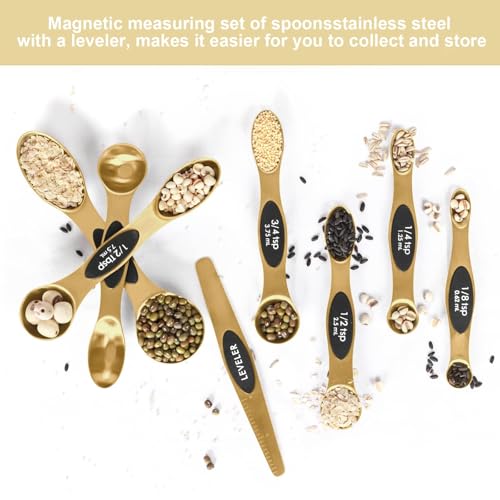 Magnetic Measuring Spoons Set Stainless Steel with Leveler, Stackable Metal Tablespoon Measure Spoon for Baking, Measuring Cups and Spoon Set Kitchen Gadgets Apartment Essentials Fits - color: Gold