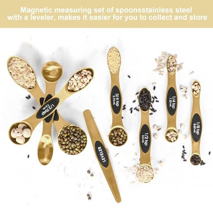 Magnetic Measuring Spoons Set Stainless Steel with Leveler, Stackable Metal Tablespoon Measure Spoon for Baking, Measuring Cups and Spoon Set Kitchen Gadgets Apartment Essentials Fits - color: Gold