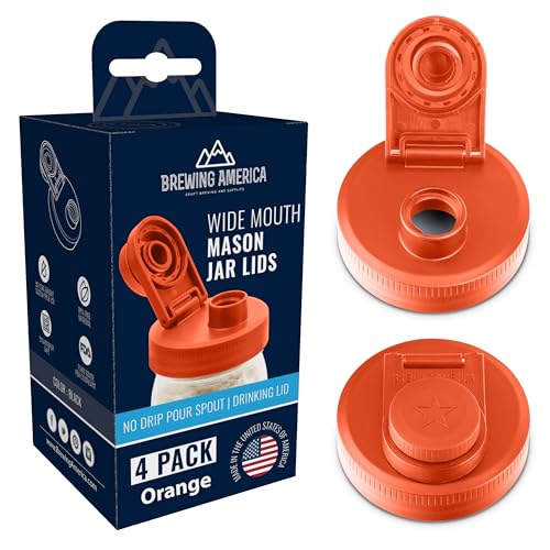 Mason Jar Lids Wide Mouth Plastic 4 Pack - With Flip Cap Screw Top Pouring Spout and Drink Hole - Fits Kerr and Ball Canning Jars - Wet/Dry Food and Liquid Storage - MADE IN USA (Orange) - color: Orange