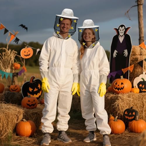 Beekeeper Costume Set - Full Beekeeping Suit with Veil Hat, Gloves, Yellow Bucket, Felt Bees & Adhesive Dots for Halloween - size: X-Large