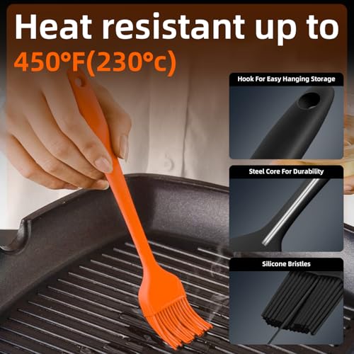 2 Pack Basting Brushes Silicone Heat Resistant Pastry Brushes Spread Oil Butter Sauce Marinades for BBQ Grill Barbecue Baking Kitchen Cooking (Black+Orange)