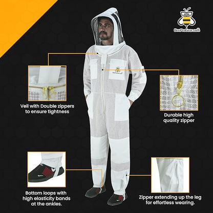 3-Layer Ultra Ventilated Mesh Beekeeping Suit for Men & Women with Veil Sting-Proof Bee Suit with Leather Gloves & Bag - color: White F, size: X-Large