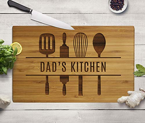 Andaz Press Large Bamboo Wood Cutting Board Gift, 17.75 x 11-inch, Dad's Kitchen, Utensils Graphic, 1-Pack, Laser Engraved Serving Chopping Board Christmas Birthday Chef Kitchen Ideas - color: Dad