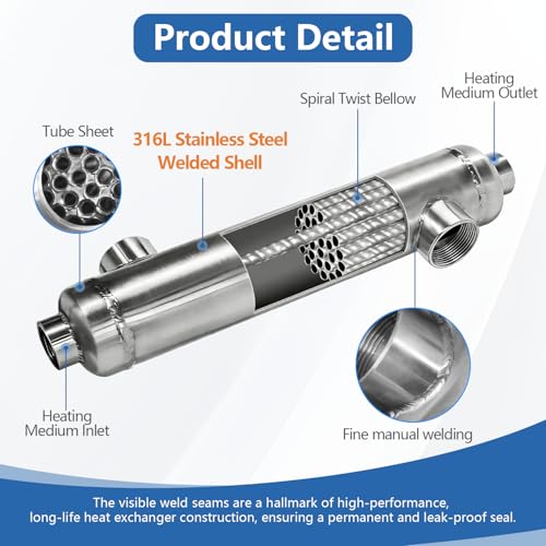 AB Swimming Pool Heat Exchanger 85kBtu Stainless Steel 316L Opposite Side Ports 1 1/2" & 1" FPT w/Brackets - size: 85K-2+Brackets