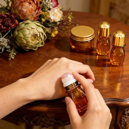 14 Pack Rose Quartz Roller Bottles for Essential Oils, 50ml Refillable Amber Glass Roll On Bottles with Natural Crystal Roller Balls, Leak-Proof Travel Perfume Bottle with Gold Caps - size: 14 Pack
