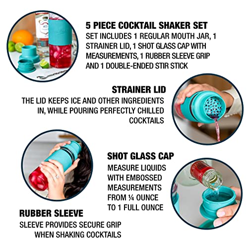Masontops Cocktail Shaker Set – Glass Mason Jar Drink Shaker – 4 PC Set with Metal Swizzle Stick - Teal - color: Shaker Set Teal