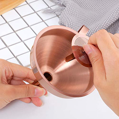 Stainless Steel Wide Mouth Funnels with Detachable Strainer, 5-inch Funnel for Filling Small Bottles and Jars, Cooking Oil and Transmission Liquid, Food Grade Metal Kitchen Funnels Rose Gold - color: Rose Gold