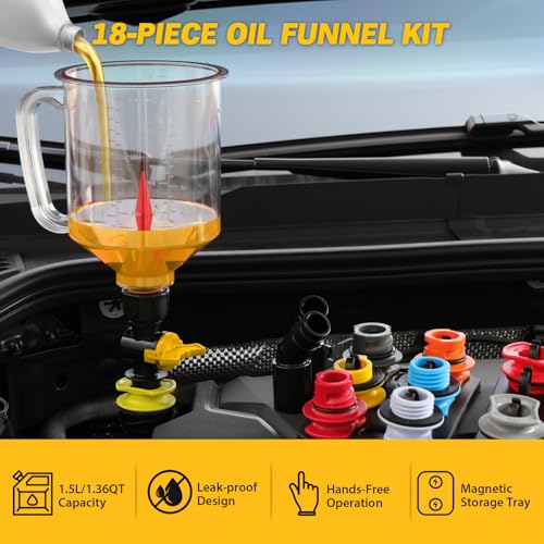 18-Piece No Spill Engine Oil Funnel Kit, 1.59QT/ 1.5L Automotive Coolant Funnel Set, 12 Adapters, Elbow Fitting, Arrow Screen & Magnetic Tray, Compatible with GM, Ford, BMW, Audi, Land Rover Etc - color: Upgraded Version Multi-color