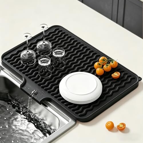Rnivvi Silicone Dish Drying Mat for Kitchen Counter, 16 x 12" Drainer Pad with Drainage Spout, Heat Resistant Trivet Non-Slip Dish Rack Mats for Countertop Protection, Kitchen Bar Decor Pad, Black - color: Black