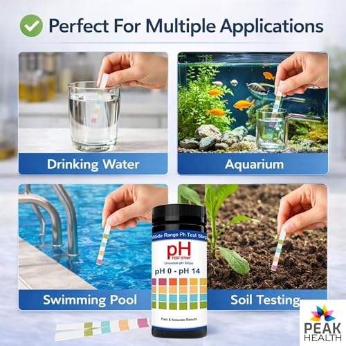 Peak Health Universal pH Test Strips 0–14 (100 Count) – Accurate Litmus Paper for Water, Aquarium, Pool, Spa, Kombucha & Soap Making – Quick & Easy Liquid pH Testing Kit