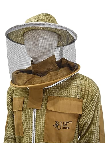 Highly Ventilated Beekeeping Suit Beekeepers 3 Layer Premium bee Suit for Men & Women with Pair of Gloves - color: Khaki Round Veil, size: 3X-Large
