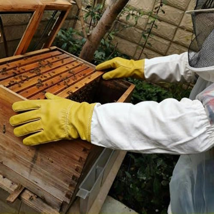 Beekeeping Gloves: Sheepskin and Canvas, Yellow/White Long Sleeve, Beekeeper'S Tool