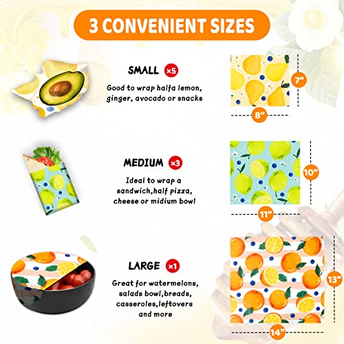 Reusable Beeswax Wrap - 9 Pack, Beeswax Wraps for Food, Eco-Friendly Beeswax Food Wrap, Organic, Sustainable, Biodegradable, Zero Waste, Plastic-Free Food Storage (1L Orange | 3M Lemon | 5S Pear) - size: 1L Orange | 3M Lemon | 5S Pear
