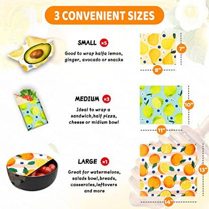 Reusable Beeswax Wrap - 9 Pack, Beeswax Wraps for Food, Eco-Friendly Beeswax Food Wrap, Organic, Sustainable, Biodegradable, Zero Waste, Plastic-Free Food Storage (1L Orange | 3M Lemon | 5S Pear) - size: 1L Orange | 3M Lemon | 5S Pear