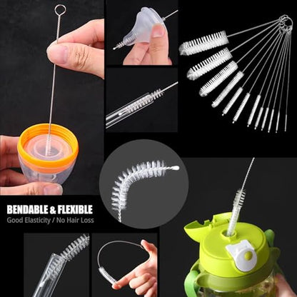 12 Multi-Size Brushes for Straws, Baby Bottles, Tumblers, Water Bottles, Sippy Cups, Tea Pots, Narrow Openings, and Narrow-Neck Containers (Black) - color: Black
