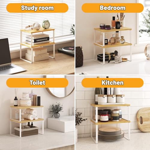 Kitchen Cabinet Organizer Shelf Set of 4, Sturdy Kitchen Counter Shelves with Metal Legs, Stackable Expandable Wood Spice Rack Pantry Cupboard Dish Mug Cup Storage Organizer Shelf,White+Bamboo - color: White+Bamboo