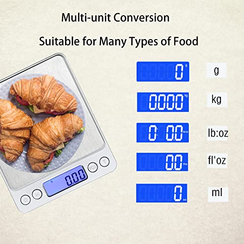 Food Scale, LZPGITGD Digital Kitchen Scale Weight Grams and OZ for Cooking Baking, Coffee, Loss Dieting, Jewelry and Meal Prep, 2 Trays, LCD, Auto Off, Tare Function, Stainless Steel(3000g/0.1g) - size: 3000g/0.1g