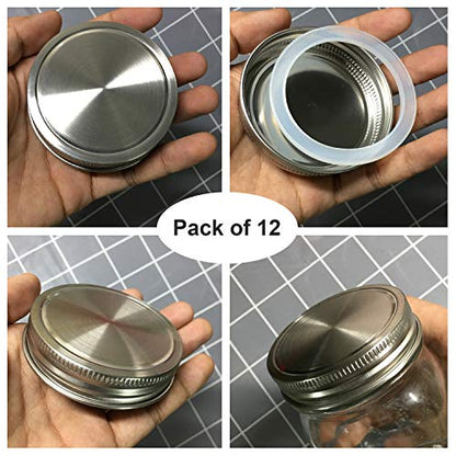 Stainless Steel Mason Jar Lids, Storage Caps with Silicone Seals for Regular Mouth Size Jars, Polished Surface, Reusable and Leak Proof, Pack of 12 (12-Pack Regular Mouth stainless steel) - size: 12-Pack Regular Mouth stainless steel