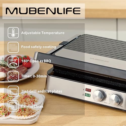 Panini Press,4 Slices Contact Grill with Removable Non-Stick Coated Grill and Flat Plates,Panini Makers with Temperature Control and Timer,Open 180 Degrees,Grill and Griddle (Half black with sus) - color: Half black with sus