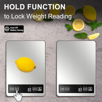 Fuzion Food Kitchen Scale 22lb/0.1oz - Food Scale 7 Units, Tare & Timer | Rechargeable, Tempered Glass+ Stainless Steel, Digital Kitchen Scale Grams and oz for Weight Loss, Cooking, Baking, Meal Prep - color: Silver Black