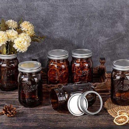 WELLIFE Amber Mason Jars, 6 Pack wide mouth mason jars for Pickling, Canning, Fermenting and Food Storage, Microwave Safe