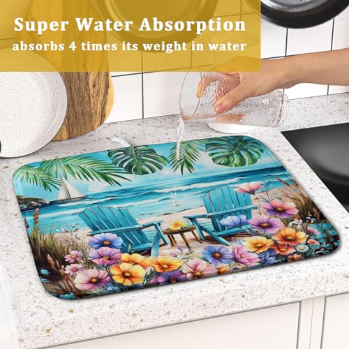 Spring Summer Sea Chair Dish Drying Mat for Kitchen Counter,Coastal Beach Palm Leaf Flowers Drying Mat 16 x 18 Inch with Absorbent Reversible Microfiber Drying Pad for Coffee Bar - size: 16" x 18"
