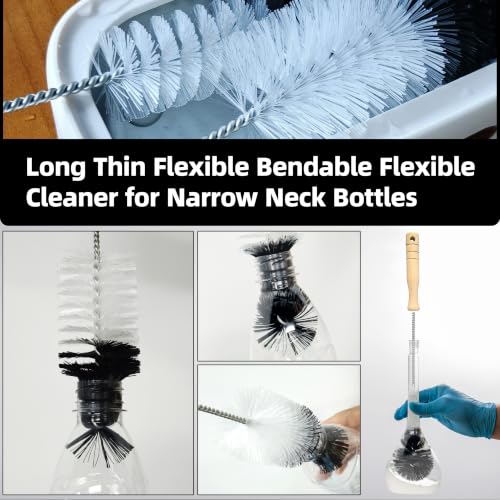 2 Pcs Bottle Brushes Set with Wooden Handle, Long Thin Flexible Bendable Flexible Cleaner for Narrow Neck Bottles, Water/Wine/Beer/Baby Bottles, Pipes, Tubes, Hoses, Teapots - Bendable