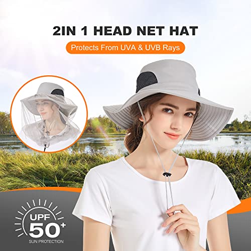 Mosquito Head Net Hat - Bug Cap UPF 50+ Sun Protection with Hidden Netting for Beekeeping Hiking Women - color: Light Grey(removable Bug)