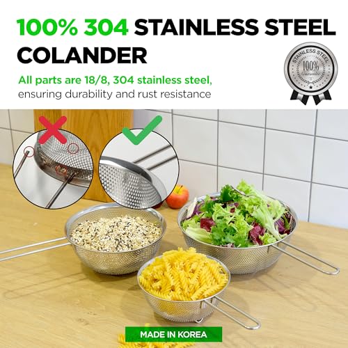 Premium 18/8 304 Stainless Steel Set of 3 – Micro-Perforated Strainer with Long Handle, Self-Draining Base for Pasta Rice Vegetables, 18/8 304 Heavy Duty (1.5, 2.5, 4 Qt) Made in Korea - size: 1.5+2.5+4QT Strainer