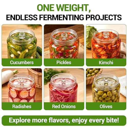 3-Pack Glass Fermentation Weights for Gallon Jars – 3.7 Inch Wide Mouth Fermenting Weights with Easy-Grip Handle, Heavy 12-13oz Each for Sauerkraut, Kimchi, Pickles