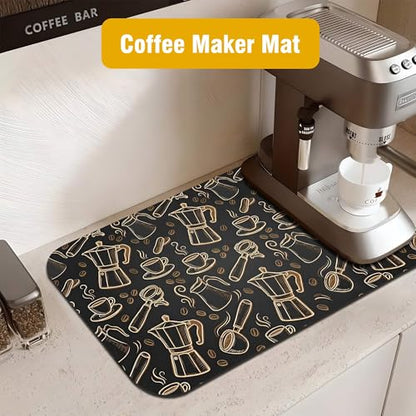 Black and Gold Coffee Tool Coffee Drying Mat 12" x 19", Absorbent Waterproof Coffee Station Mat, Protects Countertops from Spills Stains for Coffee Makers and Home Baristas - color: Black and Gold