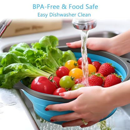 UVB Collapsible Colander Set, Space-Saving Foldable Kitchen Strainer for Pasta, Vegetables & Fruit, Colander for Kitchen with 2 Stainless Steel Hooks & Silicone Funnel – Blue - color: Blue
