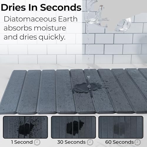 Large Stone Dish Drying Mat for Kitchen Counter 24" x 16" – Diatomaceous Earth Quick Dry Water Absorbing Mat –Roll up Drying Pads – Countertop Mats For Plates Dishes Rack –Matt Finish -Dark Gray