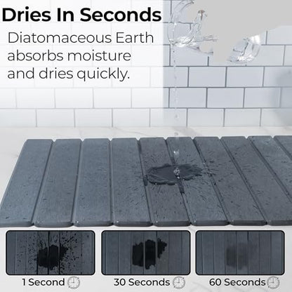 Large Stone Dish Drying Mat for Kitchen Counter 24" x 16" – Diatomaceous Earth Quick Dry Water Absorbing Mat –Roll up Drying Pads – Countertop Mats For Plates Dishes Rack –Matt Finish -Dark Gray