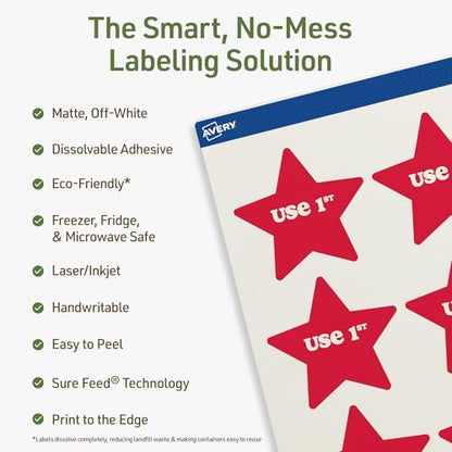 Avery Dissolvable Star Labels, Sure Feed Technology, 2-1/4" x 2-3/8", Matte White, Print-to-The-Edge, Laser/Inkjet Printable, 60 Labels Total - style: 60 labels