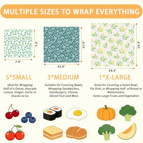 Reusable Beeswax Wraps, Leaves & Flowers Wraps, 9 Pack Eco-Friendly Food Storage, Organic Cotton, Sustainable, Zero Waste, Plastic-Free, Sandwich, Snack, Bowl Covers, 1XL, 3M, 5S - color: Green Botanical3