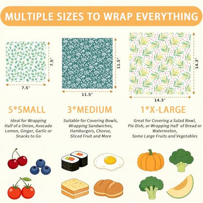 Reusable Beeswax Wraps, Leaves & Flowers Wraps, 9 Pack Eco-Friendly Food Storage, Organic Cotton, Sustainable, Zero Waste, Plastic-Free, Sandwich, Snack, Bowl Covers, 1XL, 3M, 5S - color: Green Botanical3