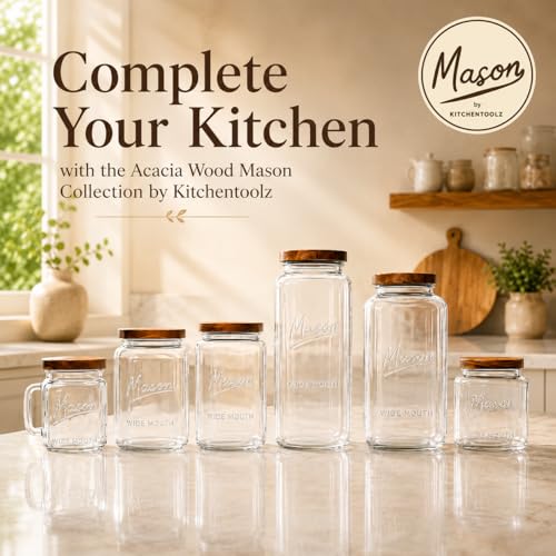 1 Gallon Glass Jars with Wooden Lids - Extra Large Mason Jars Wide Mouth with Airtight Wood Lids - Square Glass Storage Containers with Measurement Markings for Flour, Sugar & Pickling, 2 Pack