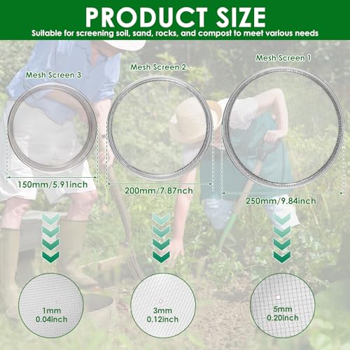 3Pcs Stainless Steel Garden Soil Sieve, 9.8" 7.9" 5.9" Stackable Soil Sifter Set,Gardening Soil Sifters Practical, Compost Sifter Compact Rock Sifter for Gardening