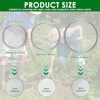 3Pcs Stainless Steel Garden Soil Sieve, 9.8" 7.9" 5.9" Stackable Soil Sifter Set,Gardening Soil Sifters Practical, Compost Sifter Compact Rock Sifter for Gardening