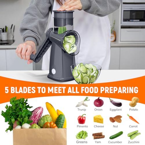 Rotary Cheese Grater Hand Crank with 5 Interchangeable Blades, Vegetable Slicer Chopper for Fruit Vegetable Nuts, Mandoline Slicer for Kitchen with Blades Rack & Suction Base, Grey - color: Gray