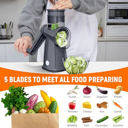 Rotary Cheese Grater Hand Crank with 5 Interchangeable Blades, Vegetable Slicer Chopper for Fruit Vegetable Nuts, Mandoline Slicer for Kitchen with Blades Rack & Suction Base, Grey - color: Gray