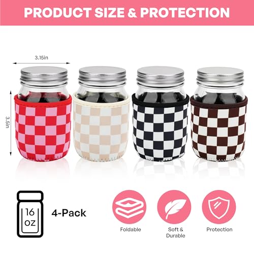 KJQJLY 4 Pcs Mason Jars Sleeves Neoprene 16oz Regular and Wide Mouth Mason Jar Sleeves Holder with Handle (Checkered, 16 OZ) - color: Checkered, size: 16 OZ